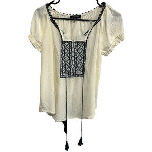 Miss Daisy Womens Boho Cream Blouse With Blue Embroidery Tassels Size Large